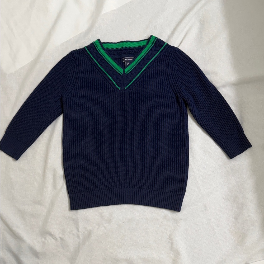 Lands' End Cable Knit Women’s V-Neck Sweater in Navy and Green‎ Size Medium